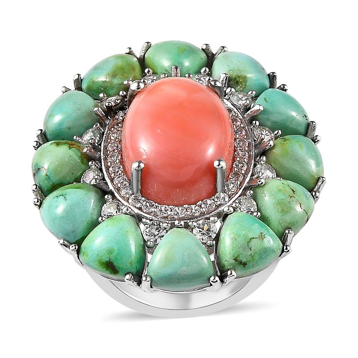 Premium Oregon Sunrise Peach Opal and Multi Gemstone Cocktail Ring in Platinum Over Sterling Silver (Size 10.0) 23.50 ctw