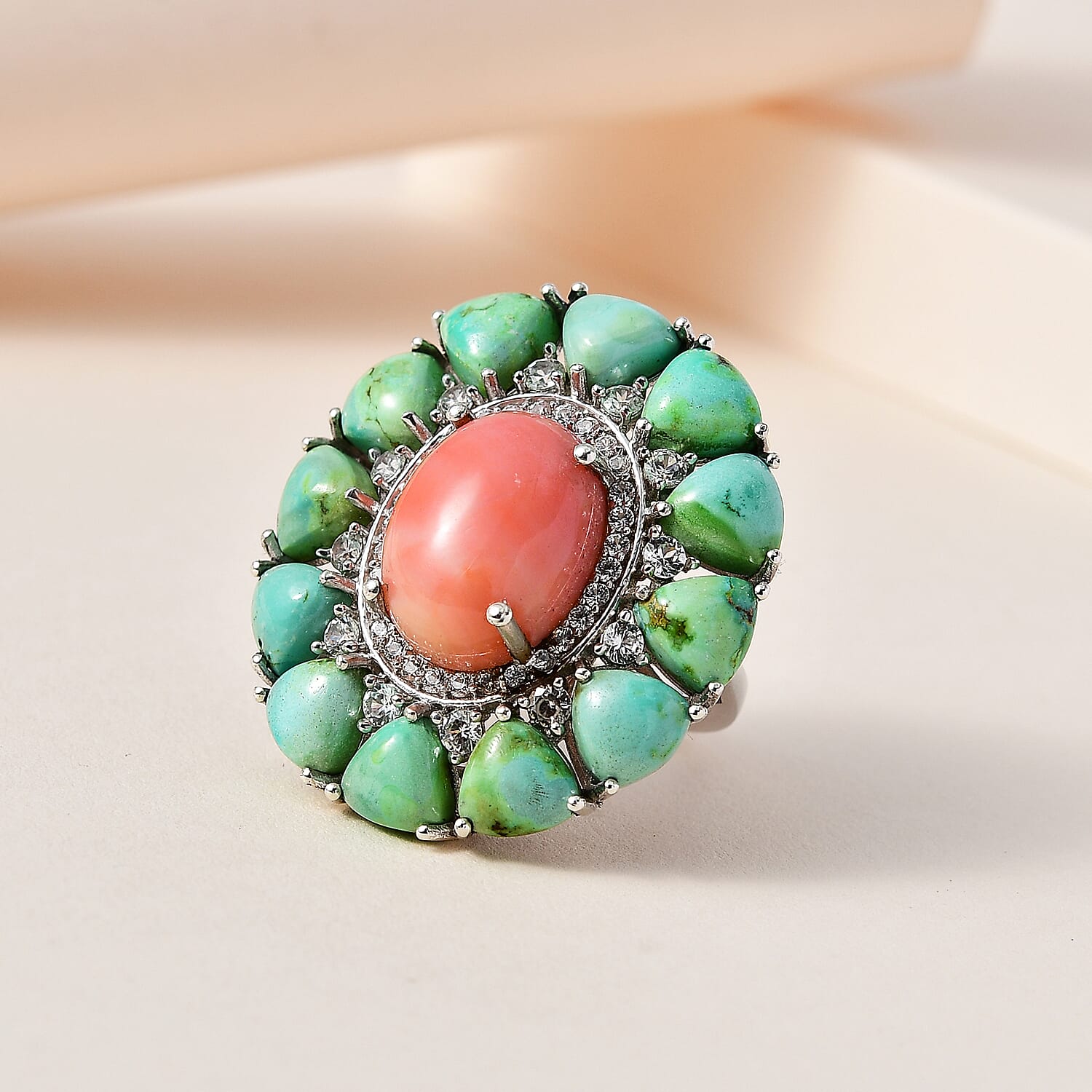 Premium Oregon Sunrise Peach Opal and Multi Gemstone Cocktail Ring in Platinum Over Sterling Silver (Size 10.0) 23.50 ctw