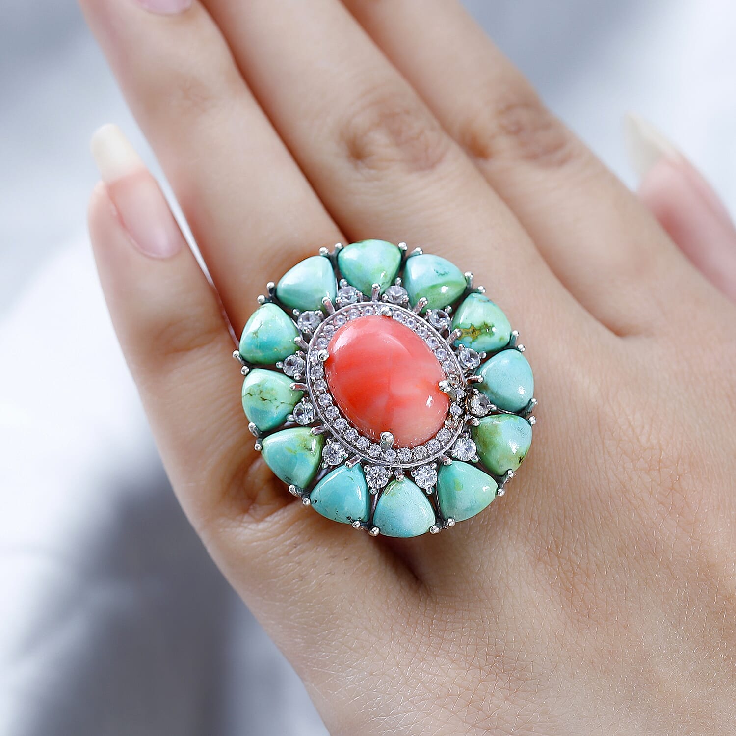 Premium Oregon Sunrise Peach Opal and Multi Gemstone Cocktail Ring in Platinum Over Sterling Silver (Size 10.0) 23.50 ctw