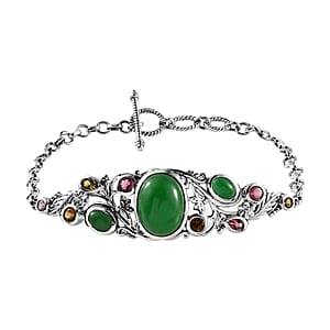 Green Jade (D) and Multi-Tourmaline Toggle Clasp Bracelet in Sterling Silver (6.50-8.0In) 14.40 ctw