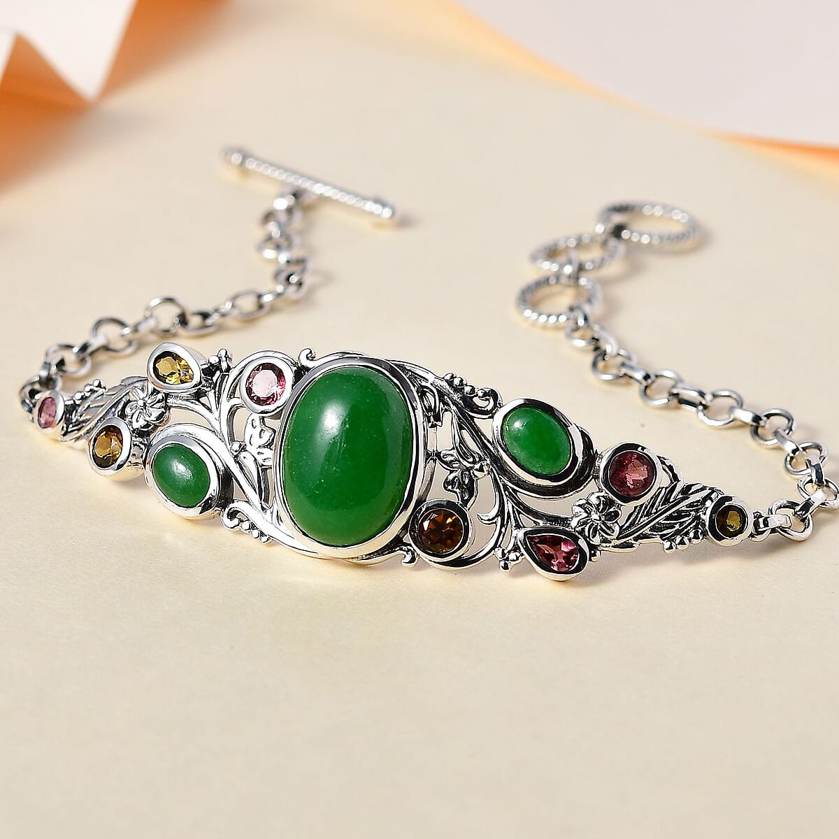 Green Jade (D) and Multi-Tourmaline Toggle Clasp Bracelet in Sterling Silver (6.50-8.0In) 14.40 ctw image number 1