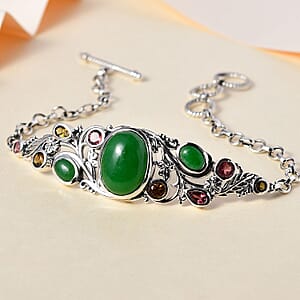 Green Jade (D) and Multi-Tourmaline Toggle Clasp Bracelet in Sterling Silver (6.50-8.0In) 14.40 ctw