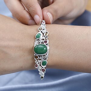 Green Jade (D) and Multi-Tourmaline Toggle Clasp Bracelet in Sterling Silver (6.50-8.0In) 14.40 ctw