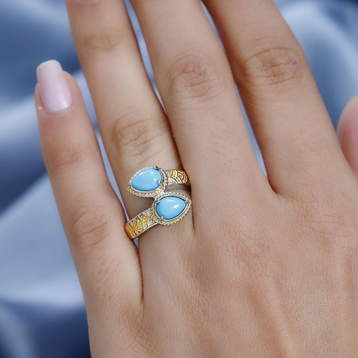 Karis Sleeping Beauty Turquoise Bypass Ring in 18K YG Plated and Platinum Bond (Size 8.0) 1.25 ctw image number 2