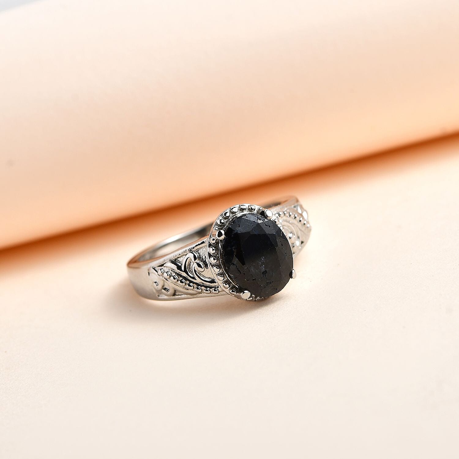 Midnight Sapphire Solitaire Ring in Stainless Steel (Size 6.0) 2.50 ctw