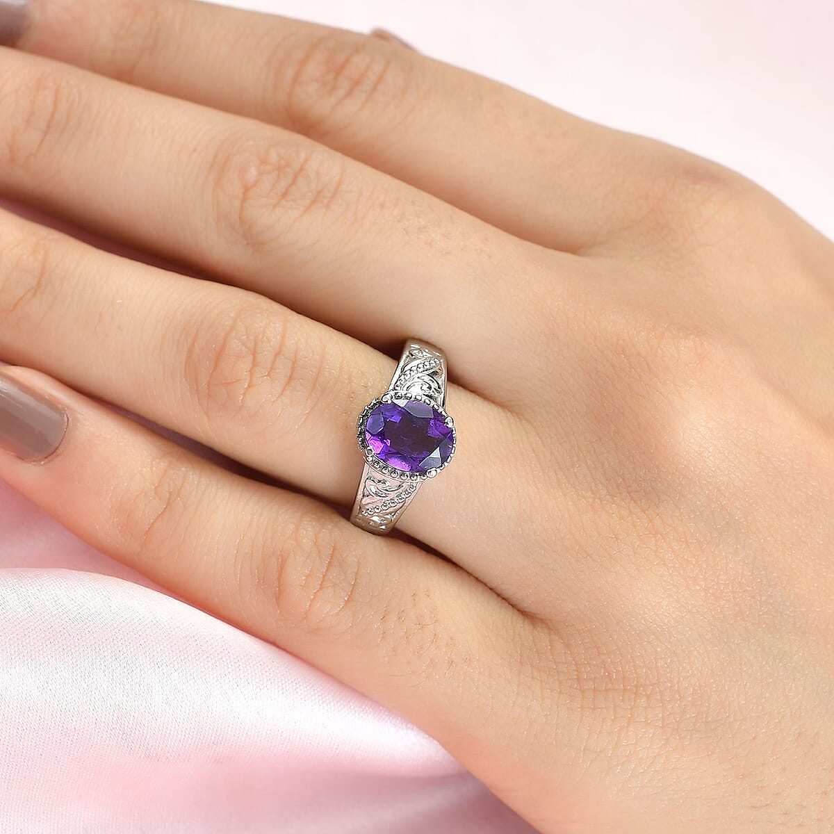 African Amethyst Solitaire Ring in Stainless Steel (Size 9.0) 1.65 ctw image number 2