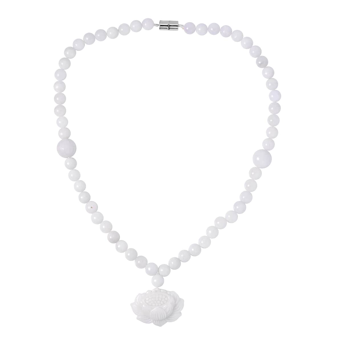 Natural Jade Carved Lotus Necklace 20 Inches with Magnetic Clasp in Rhodium Over Sterling Silver 407.50 ctw image number 0