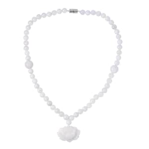 Natural Jade Carved Lotus Necklace 20 Inches with Magnetic Clasp in Rhodium Over Sterling Silver 407.50 ctw