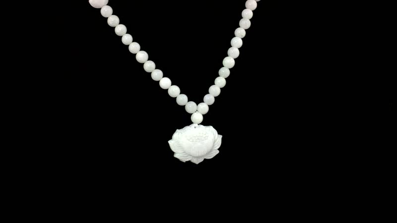 Natural Jade Carved Lotus Necklace 20 Inches with Magnetic Clasp in Rhodium Over Sterling Silver 407.50 ctw