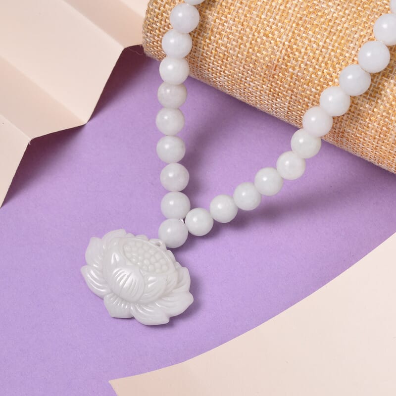 Natural Jade Carved Lotus Necklace 20 Inches with Magnetic Clasp in Rhodium Over Sterling Silver 407.50 ctw