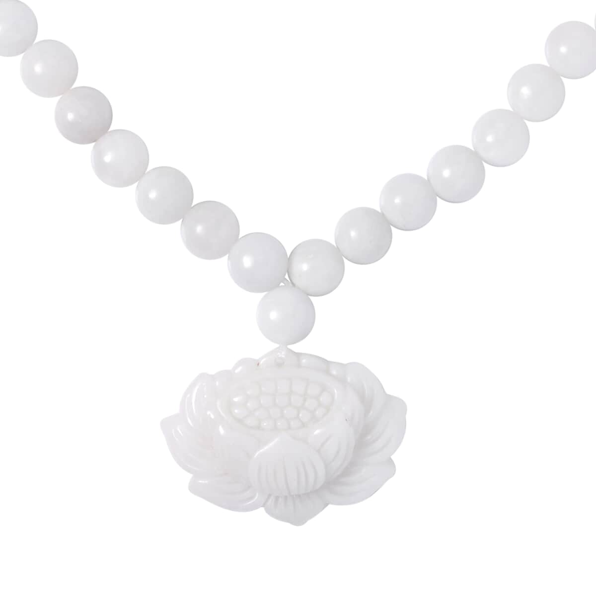 Natural Jade Carved Lotus Necklace 20 Inches with Magnetic Clasp in Rhodium Over Sterling Silver 407.50 ctw image number 2