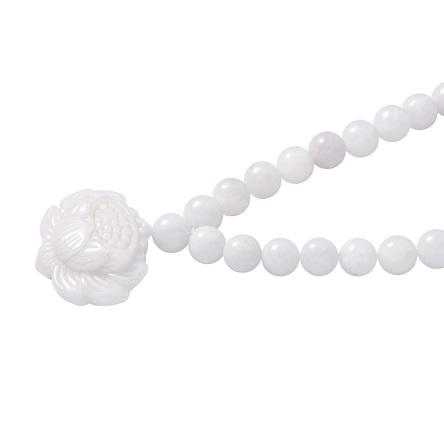 Natural Jade Carved Lotus Necklace 20 Inches with Magnetic Clasp in Rhodium Over Sterling Silver 407.50 ctw