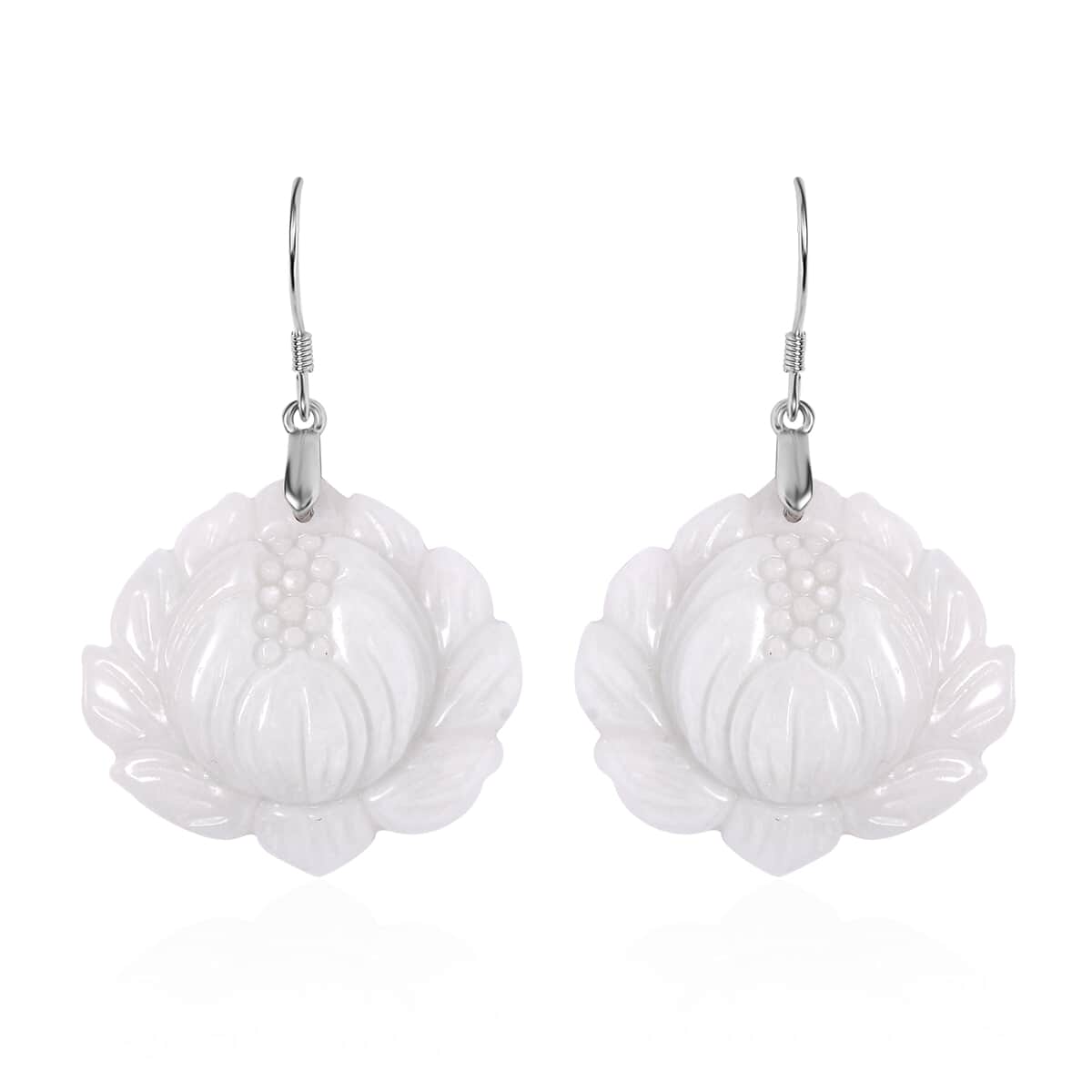 Natural Jade Carved Lotus Dangle Earrings in Rhodium Over Sterling Silver 250.00 ctw image number 0