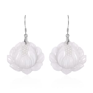 Natural Jade Carved Lotus Dangle Earrings in Rhodium Over Sterling Silver 250.00 ctw
