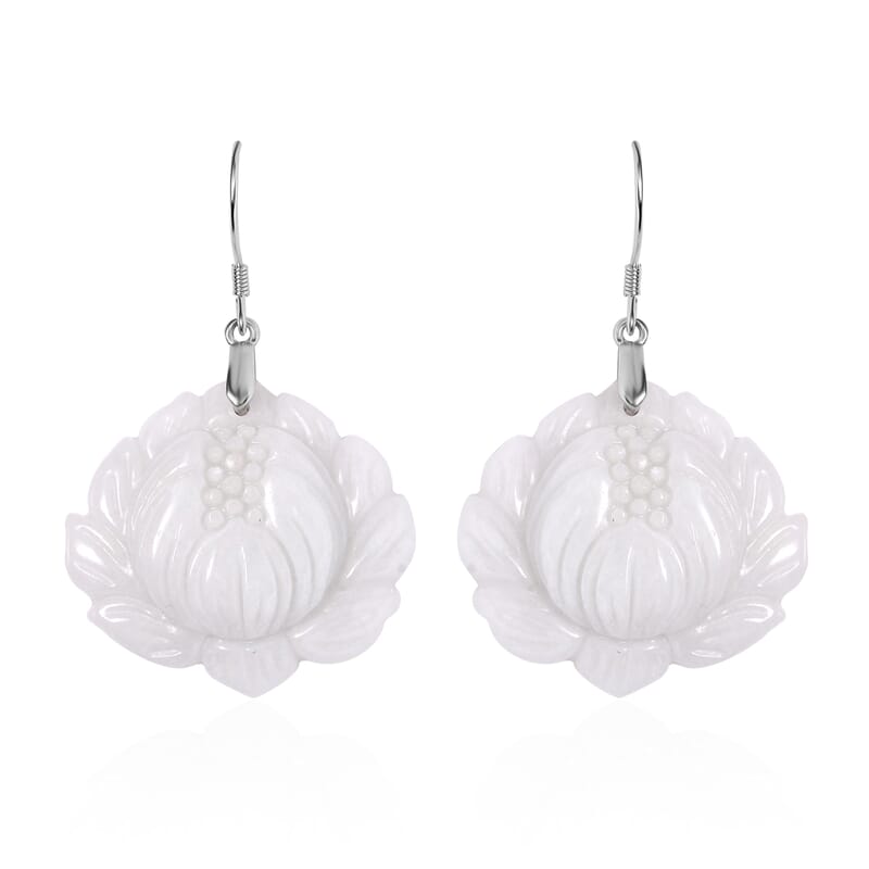 Natural Jade Carved Lotus Dangle Earrings in Rhodium Over Sterling Silver 250.00 ctw