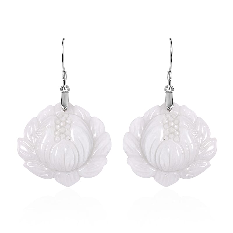 Natural Jade Carved Lotus Dangle Earrings in Rhodium Over Sterling Silver 250.00 ctw