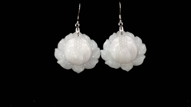Natural Jade Carved Lotus Dangle Earrings in Rhodium Over Sterling Silver 250.00 ctw