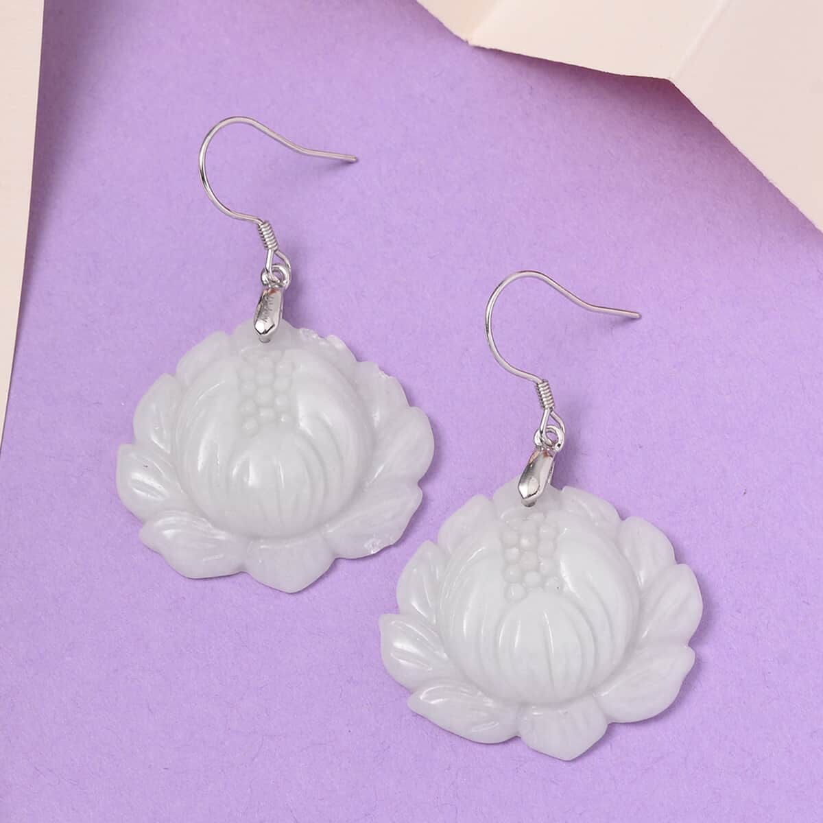 Natural Jade Carved Lotus Dangle Earrings in Rhodium Over Sterling Silver 250.00 ctw image number 1