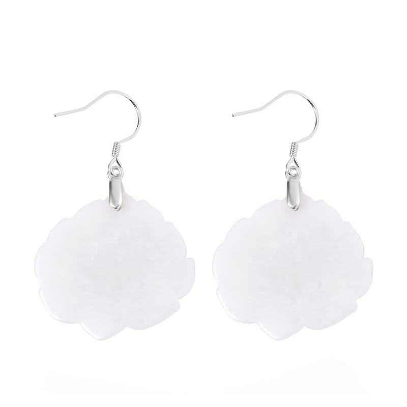 Natural Jade Carved Lotus Dangle Earrings in Rhodium Over Sterling Silver 250.00 ctw