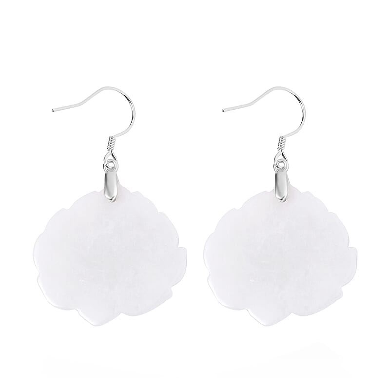 Natural Jade Carved Lotus Dangle Earrings in Rhodium Over Sterling Silver 250.00 ctw