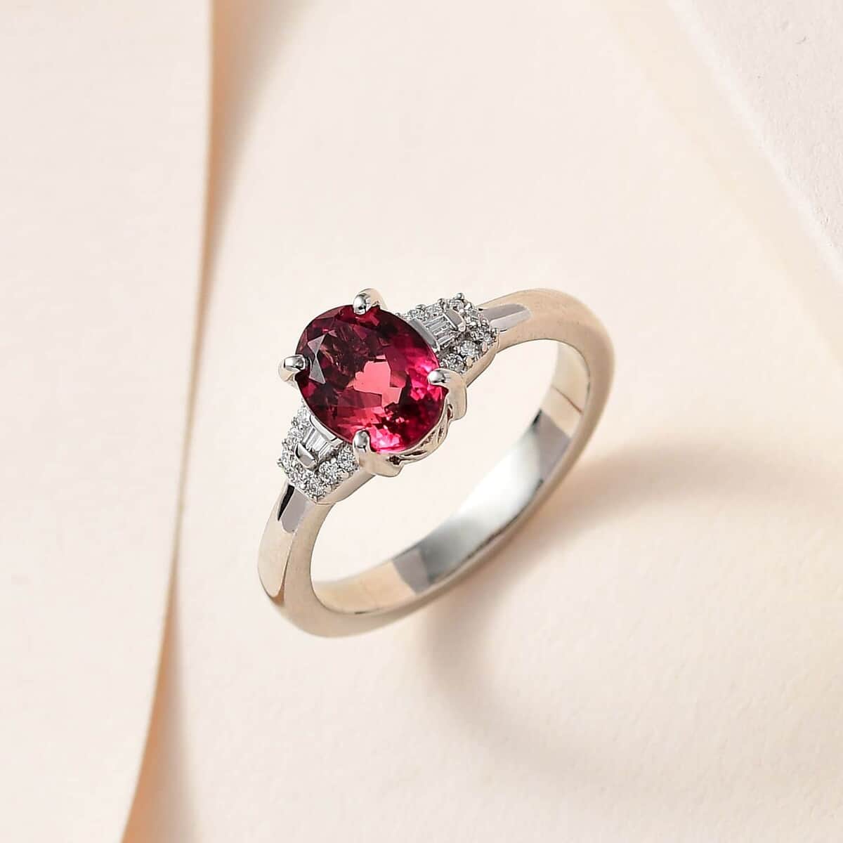 Rhapsody 950 Platinum AAAA Natural Calabar Pink Tourmaline and E-F VS Diamond Ring (Size 8.0) 5.65 Grams 1.35 ctw image number 1