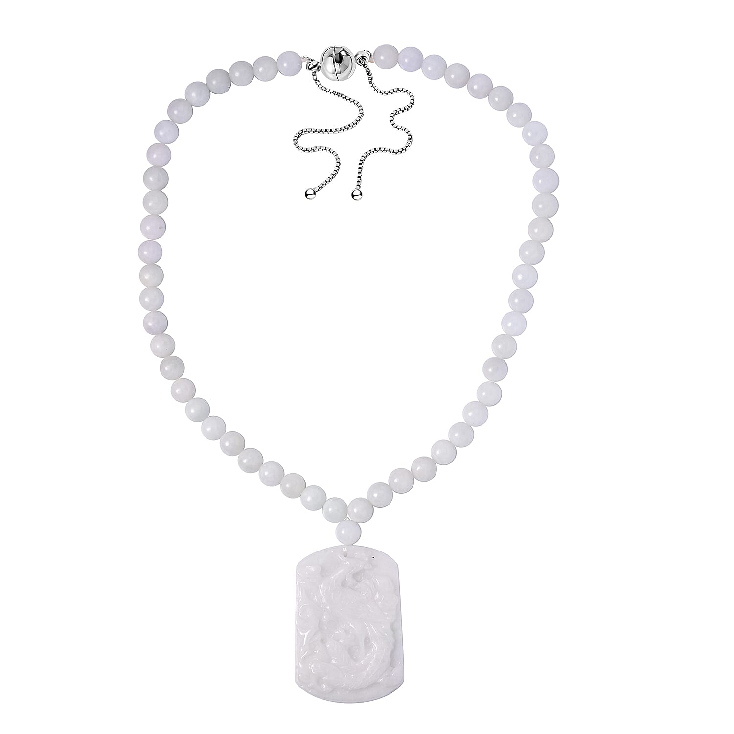 Natural Jade Carved Peacock Pendant with Beaded Necklace 18 Inches in Rhodium Over Sterling Silver 410.00 ctw