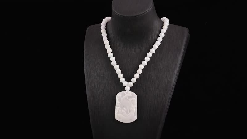 White Jade Carved Peacock Pendant with Beaded Necklace 18 Inches in Rhodium Over Sterling Silver 410.00 ctw