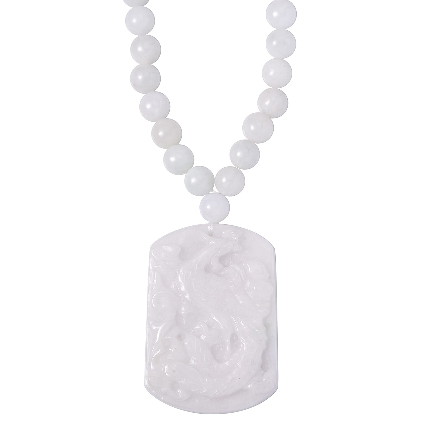 Natural Jade Carved Peacock Pendant with Beaded Necklace 18 Inches in Rhodium Over Sterling Silver 410.00 ctw
