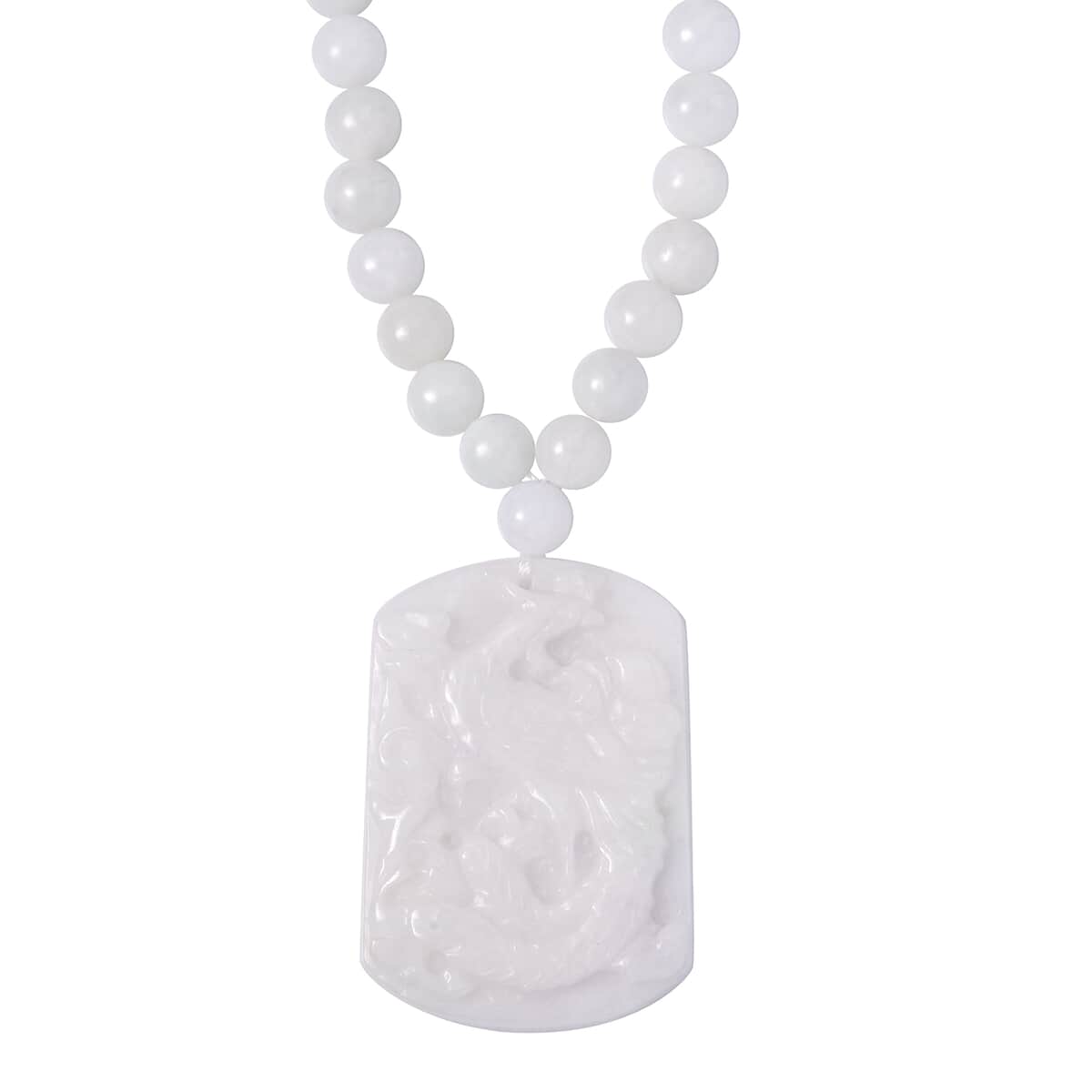 White Jade Carved Peacock Pendant with Beaded Necklace 18 Inches in Rhodium Over Sterling Silver 410.00 ctw image number 2