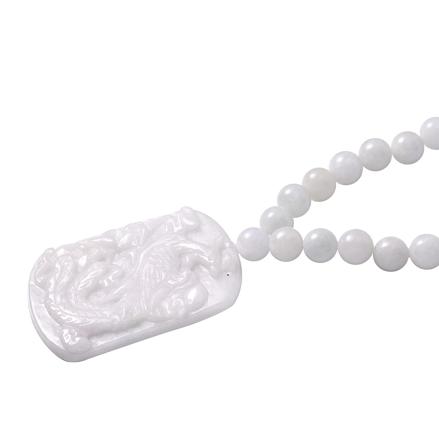 Natural Jade Carved Peacock Pendant with Beaded Necklace 18 Inches in Rhodium Over Sterling Silver 410.00 ctw