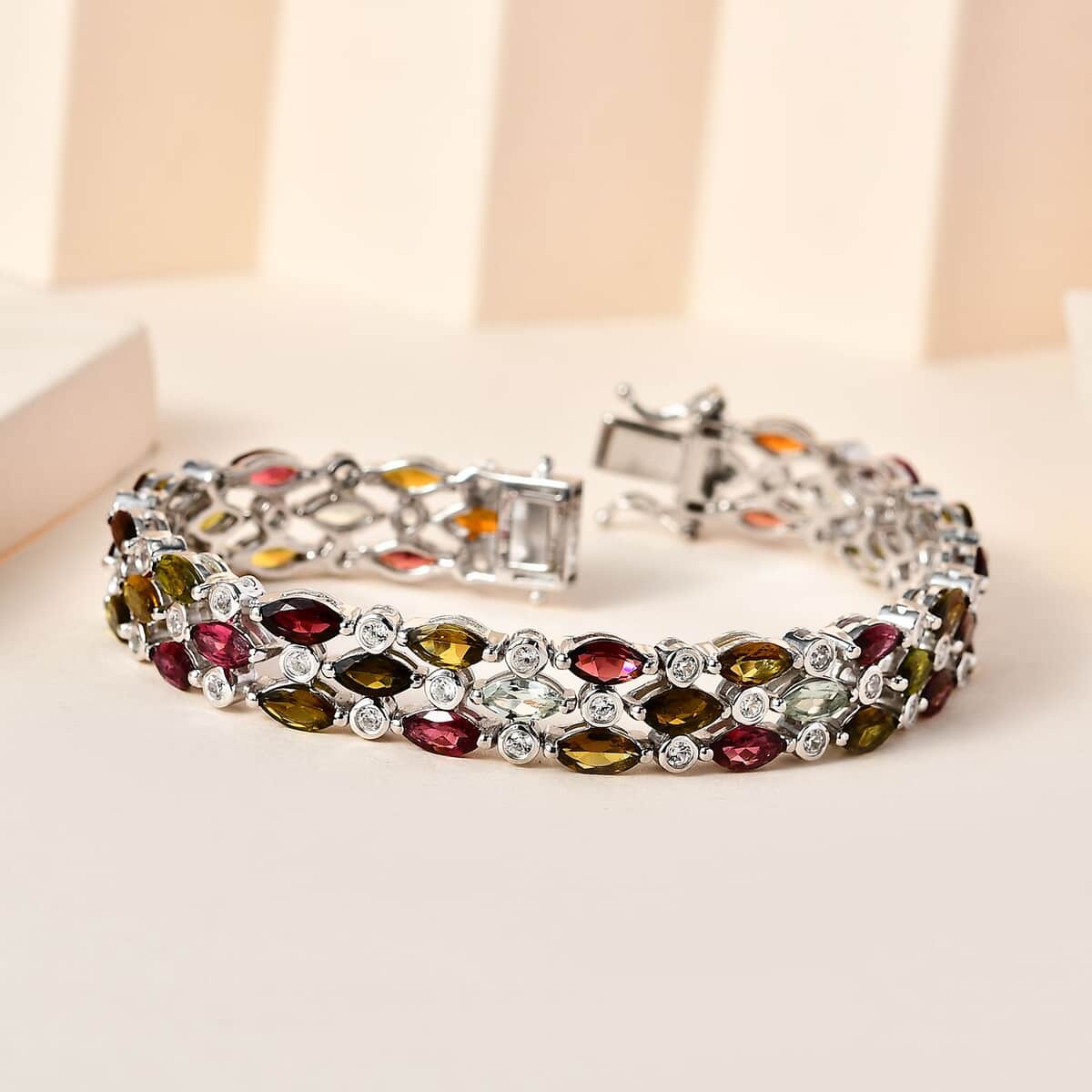 Multi-Tourmaline and White Zircon 15.90 ctw Bracelet in Platinum Over Sterling Silver (7.25 In) image number 1