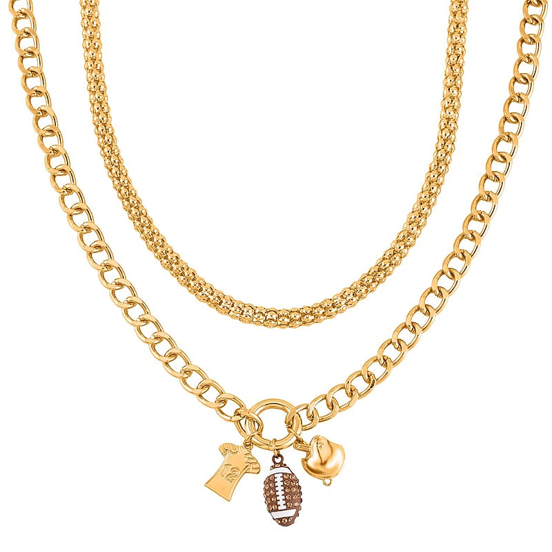 Champagne Austrian Crystal and Enameled Charm Necklace 20-22 Inches in Goldtone