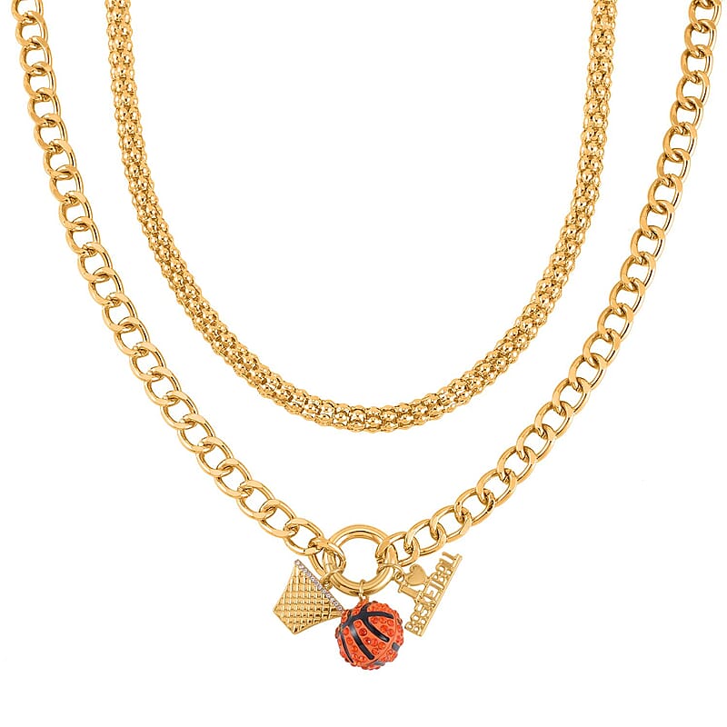 Orange Austrian Crystal and Enameled Charm Necklace 20-22 Inches in Goldtone