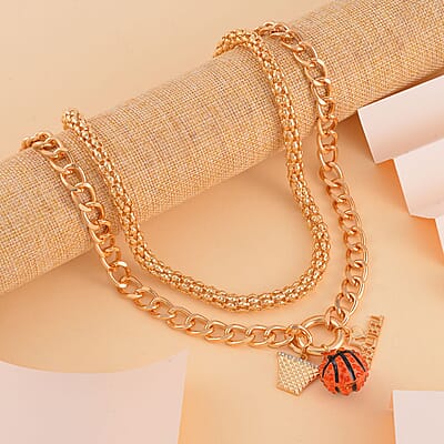 Orange Austrian Crystal and Enameled Charm Necklace 20-22 Inches in Goldtone