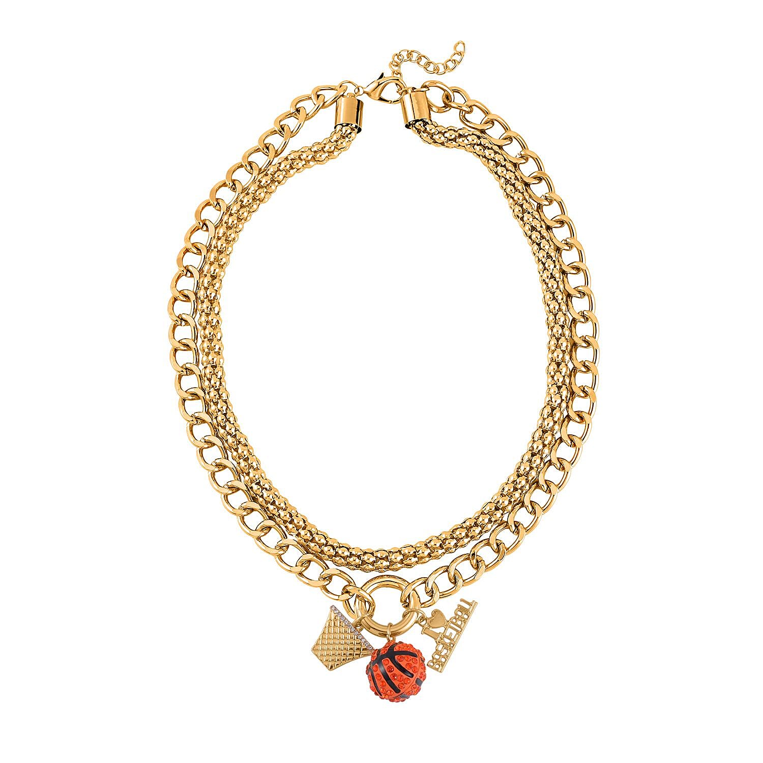 Orange Austrian Crystal and Enameled Charm Necklace 20-22 Inches in Goldtone
