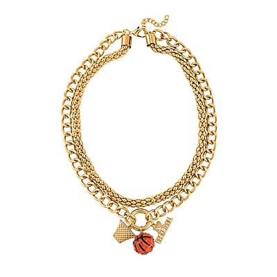 Orange Austrian Crystal and Enameled Charm Necklace 20-22 Inches in Goldtone