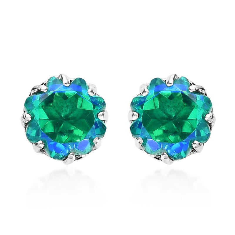 Peacock Quartz (Triplet) Solitaire Stud Earrings in Platinum Over Sterling Silver 7.50 ctw