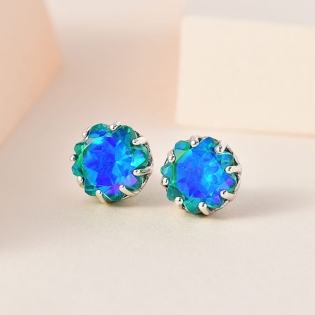 Peacock Quartz (Triplet) Solitaire Stud Earrings in Platinum Over Sterling Silver 7.50 ctw image number 1