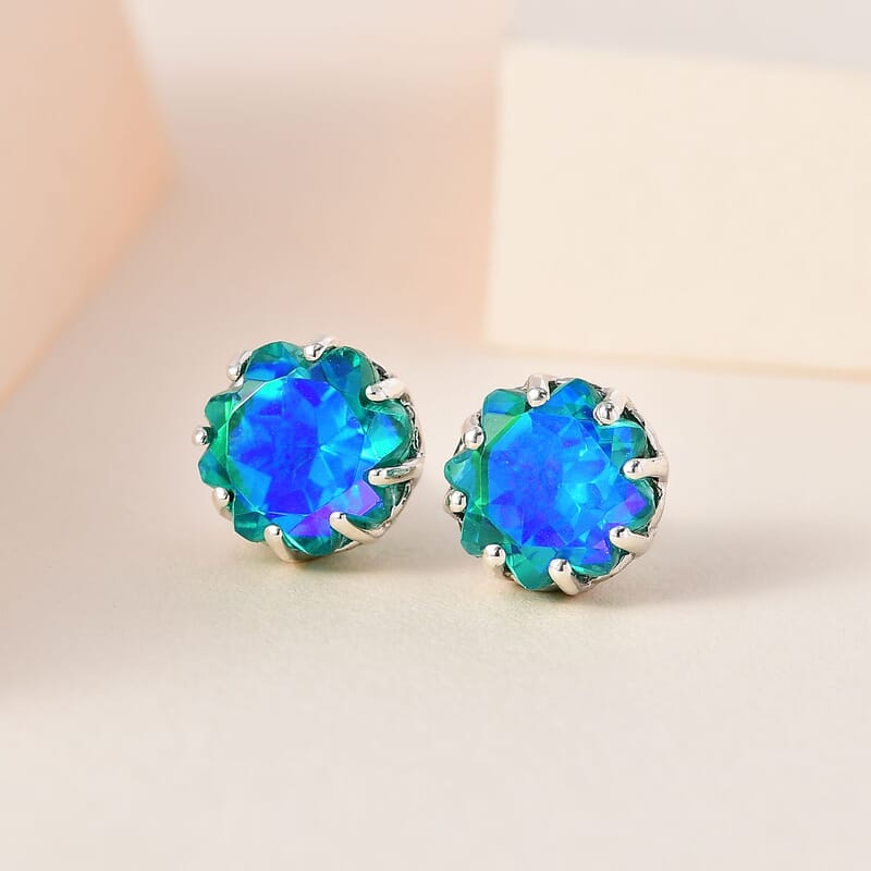 Peacock Quartz (Triplet) Solitaire Stud Earrings in Platinum Over Sterling Silver 7.50 ctw