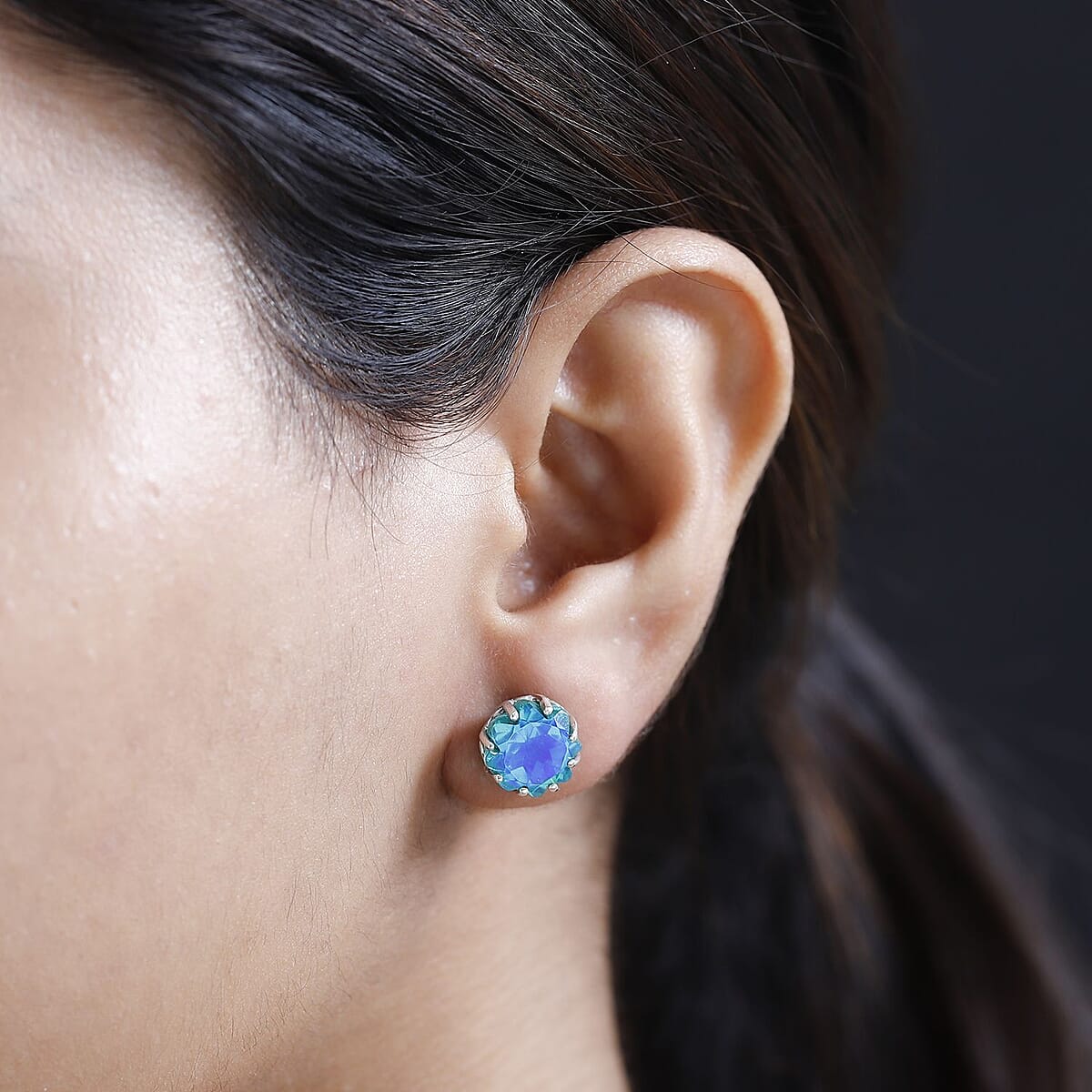 Peacock Quartz (Triplet) Solitaire Stud Earrings in Platinum Over Sterling Silver 7.50 ctw image number 2