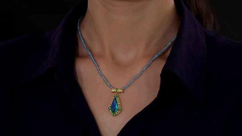 Peacock Quartz (Triplet) and Chrome Diopside Pendant with Paraiba Apatite Beaded Necklace 18-20 Inches in Vermeil YG Over Sterling Silver 44.70 ctw