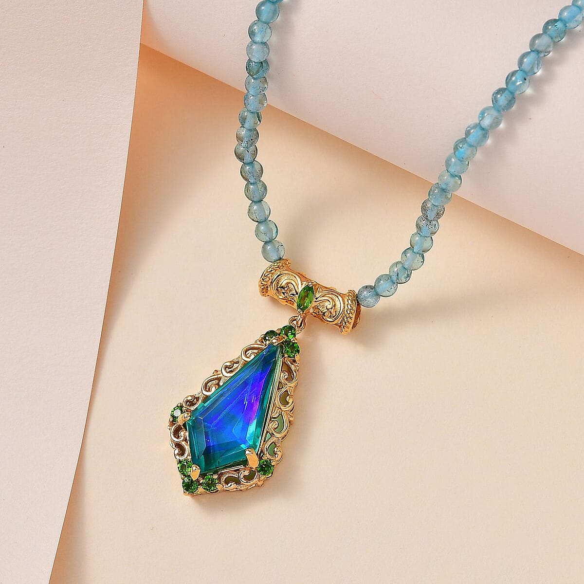 Peacock Quartz (Triplet) and Chrome Diopside Pendant with Paraiba Apatite Beaded Necklace 18-20 Inches in Vermeil YG Over Sterling Silver 44.70 ctw image number 1