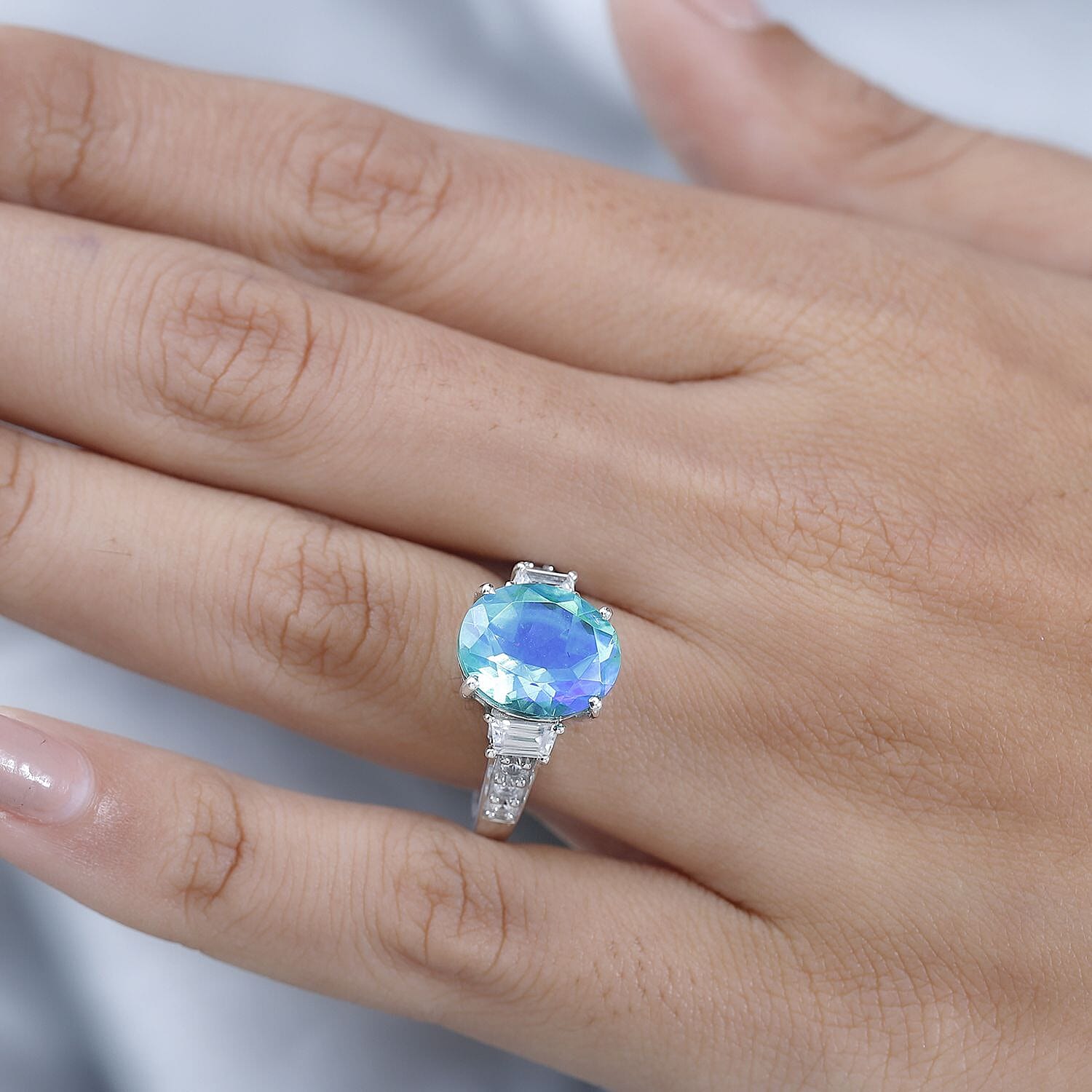 Peacock Quartz (Triplet) and White Zircon Ring in Platinum Over Sterling Silver (Size 10.0) 6.00 ctw