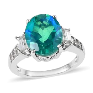 Peacock Quartz (Triplet) and White Zircon Ring in Platinum Over Sterling Silver (Size 6.0) 6.00 ctw