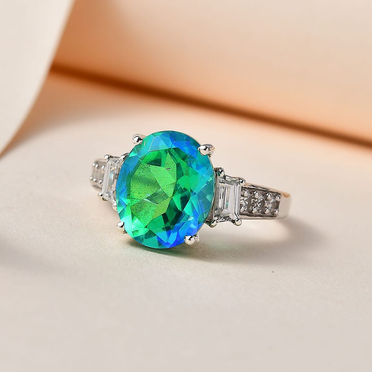 Peacock Quartz (Triplet) and White Zircon Ring in Platinum Over Sterling Silver (Size 6.0) 6.00 ctw image number 1