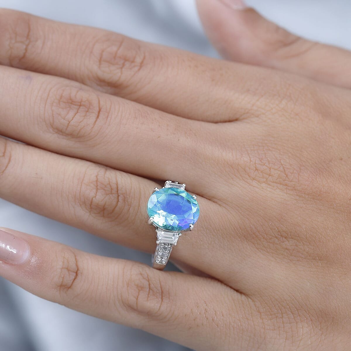 Peacock Quartz (Triplet) and White Zircon Ring in Platinum Over Sterling Silver (Size 6.0) 6.00 ctw image number 2