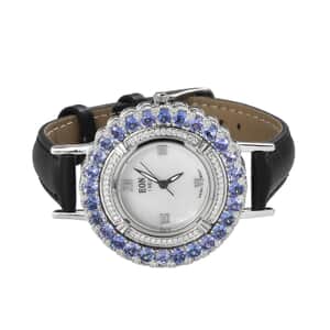 EON 1962 Tanzanite and Moissanite Swiss Movement Watch in Sterling Silver with Black Genuine Leather Strap 6.50 ctw