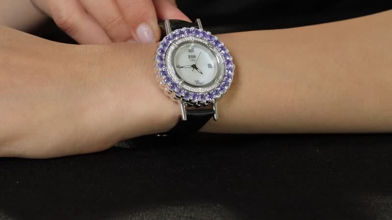 EON 1962 Tanzanite and Moissanite 6.50 ctw Swiss Movement Watch in Sterling Silver with Black Genuine Leather Strap