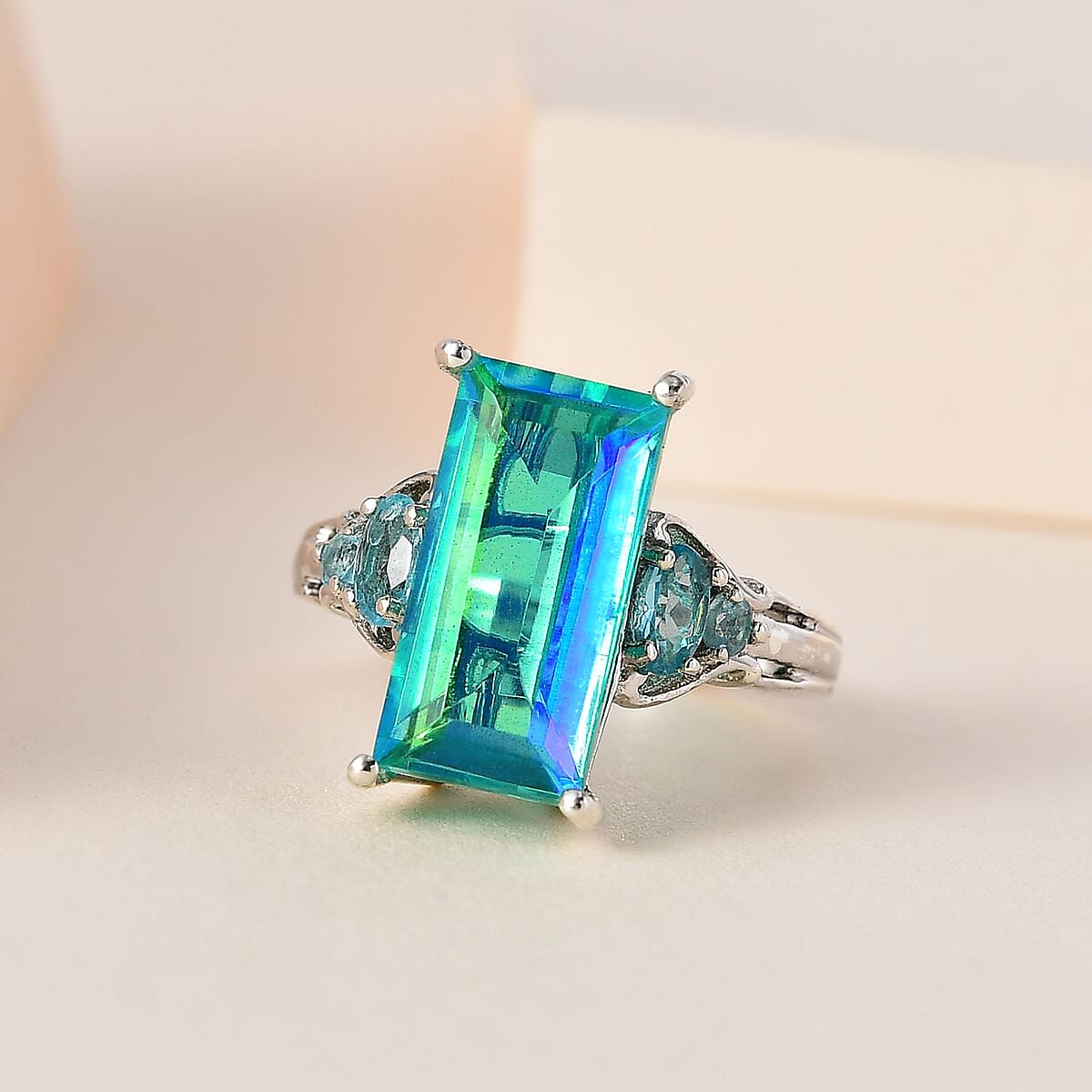 Peacock Quartz (Triplet) and Madagascar Paraiba Apatite Ring in Platinum Over Sterling Silver (Size 10.0) 7.50 ctw image number 1