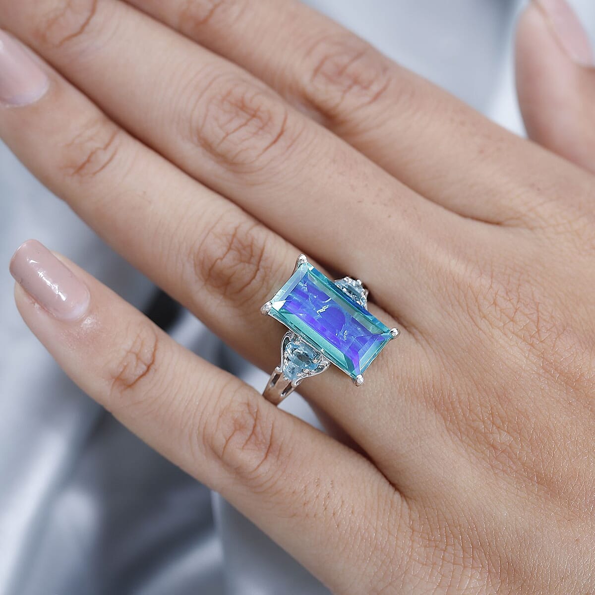 Peacock Quartz (Triplet) and Madagascar Paraiba Apatite Ring in Platinum Over Sterling Silver (Size 10.0) 7.50 ctw image number 2